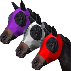 FOXLVDA 3 Pcs Horse Fly Mask - Fly Masks for Horses with Ears, Fashionable and Breathable Stretch Fabric with UV & Sun Protection for Average Size Horses (Red-Black-Blue) in Kuwait
