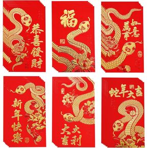 Chinese New Year Red Envelopes 2025 Snake, 36PCS Lunar New Year Red Envelope for Spring Festival, 2025 Lucky Money Envelopes with 6 Different Gold Patterns (Large)