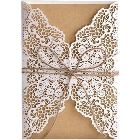 20 Pack Wedding Invitation Floral Laser Cut with Blank Inner Sheet,Brown Envelopes and Jute Ribbons for Party Wedding Engagement Bridal Bridal Shower Invite,4.9'' x 7'' (Brown)