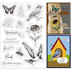 INFUNLY Retro Birds Flowers Clear Stamps for Card Making Insects and Text Stamps Transparent Silicone Stamps Butterfly Clear Stamp Musical Note Text Clear Stamps for DIY Scrapbooking Photo Album Decor