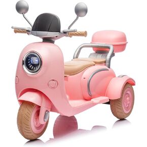 12V 3 Wheel Kids Electric Motorcycle with Storage Trunk, 2 Seater Ride On Toy w/Music Player & Safety Lights for Ages 3-6,Toddler Scooter for Girls Boys（Pink）