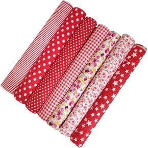7 PC 19.7' x 19.7' Quarters Cotton Quilting Fabric Bundles - Pre-Cut Textile Squares with Different Patterns for DIY Sewing (Red)