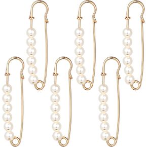Decorative Safety Pins for Clothing, 6 Pcs Metal Pearl Pins for Shirts, Clothes Tighten, Women Girls (2.95 Inch, Gold)