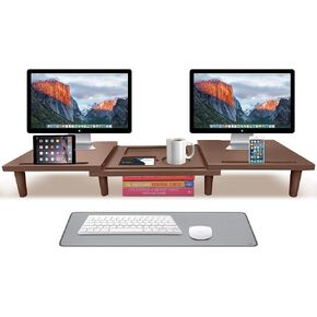 Dual Monitor Stand Riser - Solid Wood 3 Panels Laptop Riser with Storage for Phone/Mug - Home/Office Desk Organizer with Adjustable Length & Angle - Modern Computer Stand for PC, Laptop, & more (Brown)