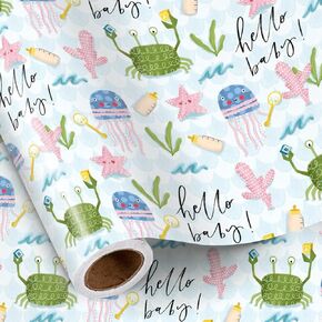 RUSPEPA Ocean Wrapping Paper Roll for Boys Girls, Mini Roll, Hello Baby Gift Wrap Paper with Crab, Jellyfish, Starfish, Baby Bottle Design Perfect for Baby Shower, Newborn Gift, 17 Inches X 16.4 Feet
