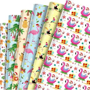 HOWAF 12 Sheets Summer Christmas Wrapping Paper, Tropical Christmas July Gift Wrapping Paper, Beach Santa Party Favors Gift Decor Hawaiian Flamingo Wrap Papers with Palm Tree Snowman