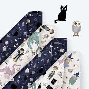 Cheerland Magical World Gift Glapp Wizards و Witch Fantasy موضوع GIFTWRAP للمخلوقات السحرية OWL BLACK CAT DRARGONS Symfical Glud Writy Birthday Party Supplies 12 Sheets with Tags