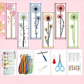 Zhenqing 6-in-1 Dandelion Cross Stitch Bookmark Kit – 11CT 11x18.5in Aida Cloth with Pre-Printed Designs, Thread, Needles & Guide for DIY Cutout Bookmarks(69562)