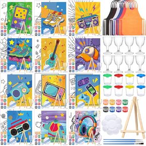 Sherr 96 Pcs 12 Sets Pre Drawn Canvas Kit for Painting Craft Sip and Paint Kit for Adults Pre Printed Canvas Painting Favor for Virtual DIY Birthday Gifts Adult's Date Party, 8 x 10 Inches (Retro)