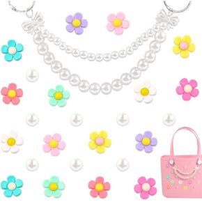 Hroatpk Charms for Bogg Bag, Pearls and Flowers for Bogg Bag Accessories Compatible with Simply Southern Beach Bag Tote, Insert for Rubber Beach Tote Accessories (25 Pcs)