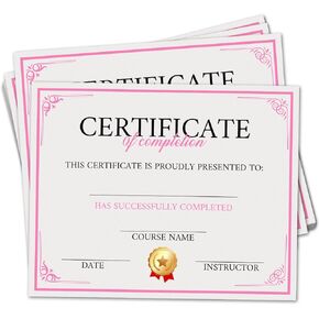 Certificate of Completion, 25 Pink Training Completion Award Certificates, Award Recognition School Diplomas, Student Course Certificates of Achievement Awards, Classroom Activities Supplies -A03