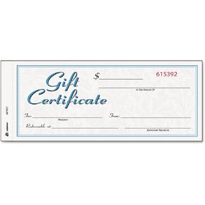 Adams Gift Certificate Book, Carbonless, Single Paper, 3.4 x 8 Inches, White, 2-Part, 25 Numbered Certificates Plus Store Sign (GFTC1)