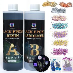 Vivresina Black Epoxy Resin 32OZ with Dried Flowers Opaque Black High-Gloss Bubble Free Epoxy Kit Mix 1:1 Self Leveling for Art Crafts Jewelry Making
