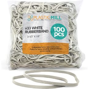 PlasticMill White Rubber Bands Size 33 (3 1/2" x 1/8") - #33 Rubber Bands Office Supplies - Strong, Elastic Bands for Crafts, Balloon Garland, Cash, File Folders (100-Pack)
