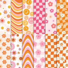 24 Sheets Boho Daisy Floral Pattern Pad 11.8'' x 11.8'' Daisy Face Checkered Scrapbook Paper Retro Smile Groovy Patterned Double-Sided Cardstock Paper Pack for Background Card Making Origami DIY