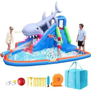 SLOOSH Inflatable Water Slide Park for Kids Backyard - 6 in 1 Blow Up Water Park Slides with Splash Pool, Bounce House, Basketball Hoop, Water Cannon & 450W Blower | Outdoor Kids Water Slide Party Fun