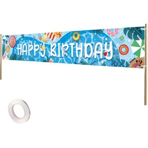 Happy Birthday Pool Party Banner, 118x20in Summer Swimming Birthday Pool Decorations with Rope Large Size Party Backdrop Banner Supplies