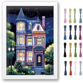 FREEBLOSS Cross Stitch Kits Stamped Embroidery Wall Hanging Pre Printed Stitches Practice Kit with Instructions for Beginners Cross Stitching Kit for Adult Dream House Scenery
