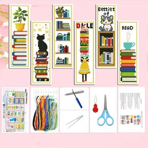Zhenqing 6PCS Cat Bookshelf Cross Stitch Bookmarks Kit - 11CT 11x18.5Inch, 6 Unique Bookish Cat Designs, DIY Embroidery Kit with Threads, Fabric, Needles & Guide, Gift for Book Lovers