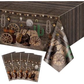4 Pack Western Tablecloths - Western Birthday Table Cover Wild West Theme Saloon Yeehaw Scene Setters Tablecloth for Western Theme Baby Shower Birthday Party, 86 x 51 Inch