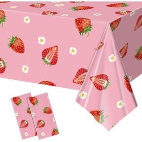 2 Pcs Cherry Birthday Decorations Tablecloth - White and Pink Fruit Table Cloth, Disposable Plastic Rectangle Cherries and Bows Table Cover for Cherry Tables Decor Bday Party Supplies Favor,108x54Inch