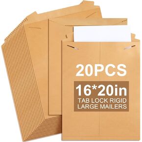 20 Pack 16x20 in Tab Lock Rigid Mailers Extra Large Sturdy Keep Flat Mailers Cardboard Envelopes Kraft Paper 250 Gsm for Shipping Photos, Packing Documents, Gift Cards, Cds, Art Prints