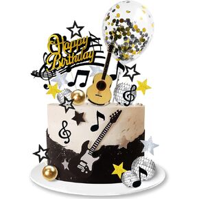 31 PCS Guitar Cake Toppers Music Notes Balls Cake Decorations for Musician Birthday Party Rock Theme Party (Black)