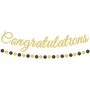 Gold Glitter Congratulations Banner with Black and Gold Circle Garland – Pre-Strung Graduation, Prom Decoration for Class of 2025, Retirement, Engagement, Baby Shower, and Achievement Party Supplies