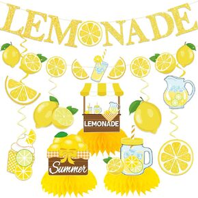 Lemonade Stand Decorations, Lemon Party Decorations includes Lemonade Banner Lemon Decorations Hanging swirls and Lemonade Honeycomb Centerpieces,lemon decorations for Indoor Outdoor Lemon Party