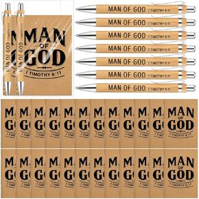 25 Set Father's Day Gifts Bulk for Church Man of God Christian Men Gifts 1 Timothy 6: 11 Man of God Notebook and Pen Set Religious Prayer Journal Bible Verse Notepad Bamboo Pen for Dad Pastor