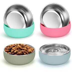 Non-Slip Stainless Steel Cat Bowls, 2 Pack Cat Dishes for Food and Water with Detachable Colorful Silicone Anti-Slip Bottom, 5 '' Wide Thick & Heavy Duty Metal Pet Bowls for Kitten, Cats and Puppy