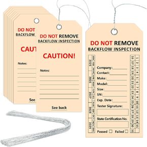 100 PCS Waterproof Backflow Inspection Tags Record Heavy 10 Mil Synthetic Paper 2 5/8" x 5 1/4" with Iron Wire Double-Sided Printing Pre-Punched Holes for Backflow Preventer Plumbing Maintenance