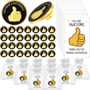 30 Set Inspirational Appreciation Gifts Thumbs up Lapel Pins Inspirational Notecards Bags Employee of the Month Recognition Pin Positive Affirmation Gift for Coworker Staff Teacher Team Nurse Student