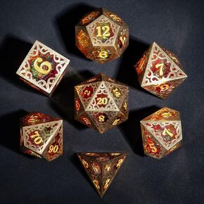 Cusdie 7-Piece Metal Frame Sharp Edges DND Dice Set with Metal Frame- Perfect for Tabletop RPGs Board Games Gifting and Collecting(Green)