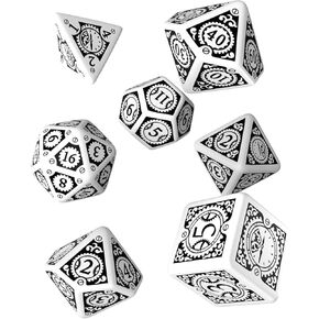 Q WORKSHOP Steampunk Clockwork White & Black RPG Dice Set 7 Polyhedral Pieces