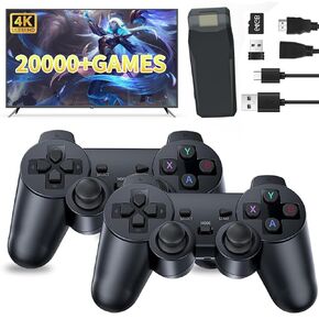 Wireless Retro Game Console Stick, Built-in 20000+ Classic Games with 18 Emulators, Dual 2.4G Wireless Controllers, 4K High Definition HDMI Output, Built-in 64G Plug & Play Video Game Console