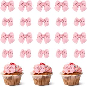 20Pcs Pink Bow Cupcake Decorations, Bow Cake Topper Supplies, Pink Bow Cupcake Toppers, Bow Cake Decor Bows for Cake Decorating for Theme Parties, Engagements, Baby Showers, Birthday Parties