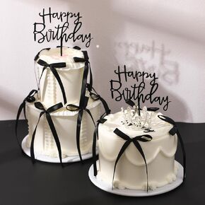 30 Pcs Black Bow Cake Topper with 2 Black Acrylic Happy Birthday Cake Toppers, Black Ribbon Bows for Cake, Coquette Cake Decorations for Wedding Party Supplies