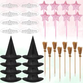 32 Pcs Witch and Princess Party Favors 8 Witch Hats 8 Princess Crowns 8 Pcs Star Pens and 8 Pcs Broom Pencils Decoration for Party Supplies Dress up Costume Cosplay Gift