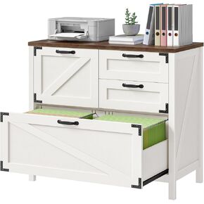 3 Drawer File Cabinet, Farmhouse Style Lateral Filing Cabinet Suitable for Letter or A4 Size Files, Wooden Home Office Storage with Adjustable Shelf and Printer Stand, Rustic White