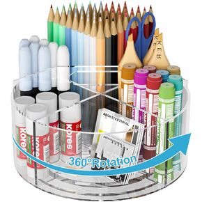 360-degree Rotating Clear Pen Organizer with 6 Compartments, Acrylic Pen Holder with Handle for Desk, Art Supply Organizer for Markers, Paints, and Brushes