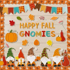 Konsait Gnomes Fall Bulletin Board Decorations Set, 75Pcs Happy Fall Gnomies Pumpkins Leaves & Flags Cutouts for Classroom Home Office Door Wall Displays