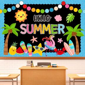74 Pcs Hello Summer Bulletin Board Decoration Set Hawaiian Beach Surf Paper Cutouts with 150 Pcs Glue Points for Tropical Luau Party Classroom