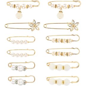 Ouligay 12 Pcs Pearl Decorative Safety Pins,Pearl Brooch Pins for Women,Faux Pearl Shawl Pin,White Pearl Hat Pins for Women,Pearl Decorative Pins for Women Sweater Scarf Collar Coat Accessories