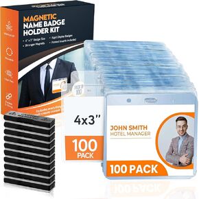 100 Pack of 4x3 Magnetic Name Badge Holders (White Printable Inserts Included) Customizable Magnetic Name Tags for Office, Conventions, School, and Events - Durable and Clear Plastic Name Tag Holder