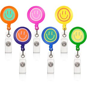 6Pcs Colorful Faces Badge Reel, Cute Work Badge Holder with Retractable Clip, Nurse Accessories Name Tag ID Clip Holder for Office School Hospital Teacher