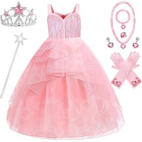 Wicked Glinda Dress Costume for Girls, Pink Tulle and Sequin Witch Dress for Kids Christmas、Halloween Cosplay Costumes