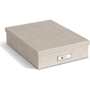 Bigso Oskar Fiberboard Label Frame Document Letter Box for Important Paperwork A4 or Letter Size - Durable Keepsake Box with Lid and Metal Label Holder - 3.3in x 10.2in x 13.8in - Melange Beige