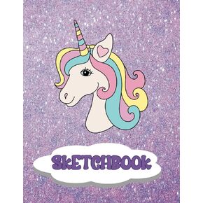Sketchbook: Cute Unicorn Purple Glitter Effect, Large Blank Sketchbook For Girls, 110 Pages, 8.5" x 11", For Drawing, Sketching & Crayon Coloring (Kids Drawing & DoodleBook)