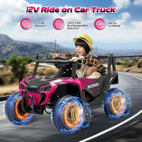 12V Kids Ride on UTV Truck, Ride on Car Toys w/Remote Control, Music, Bluetooth, LED Lights, Kids Battery Powered Electric Vehicle for Boys Girls, Pink in Saudi Arabia